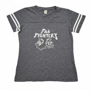 Foo Fighters Shirt Womens Medium Gray Ringer V-Neck Skeleton Headphones Rock Tee